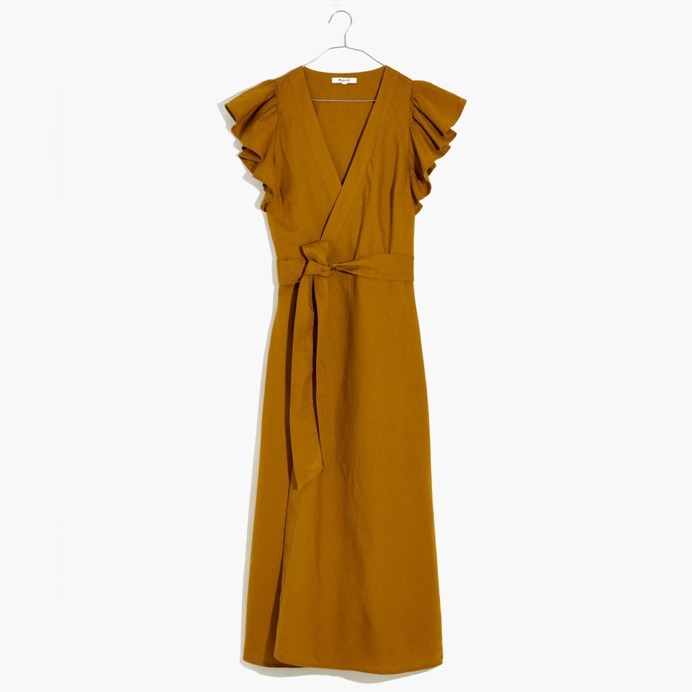 Madewell Linen-Blend Ruffle-Sleeve Wrap Midi Dress Size XS